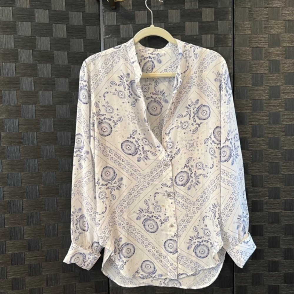 MIH Jeans Ltd. Silk, Blue and Cream Print Button Down Blouse